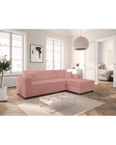 Canapé d'angle droit convertible et coffre en tissu bouclette - rose