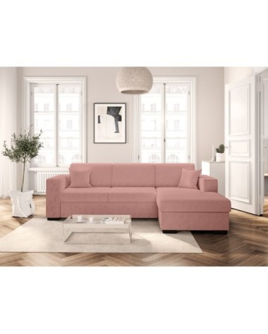 Canapé d'angle droit convertible et coffre en tissu bouclette - rose