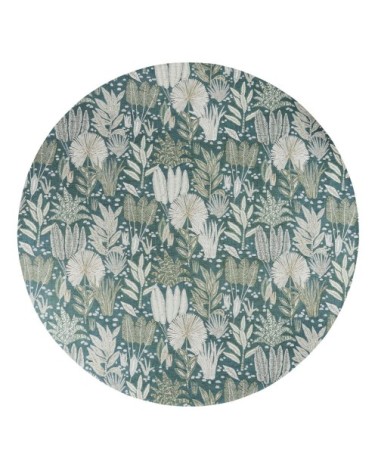 Tapis rond tissé jacquard motif floral bleu canard, écru et beige 200x200