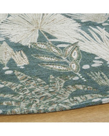 Tapis rond tissé jacquard motif floral bleu canard, écru et beige 200x200