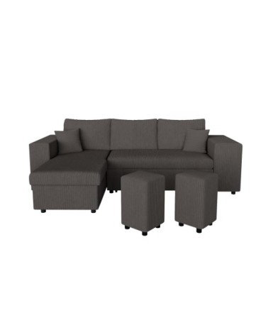 Canapé convertible 2 poufs droit et étagère en velours côtelé - gris