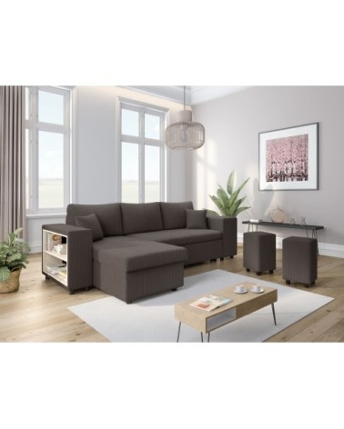 Canapé convertible 2 poufs droit et étagère en velours côtelé - gris