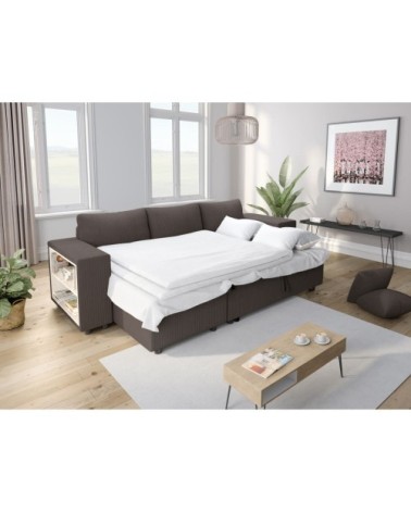 Canapé convertible 2 poufs droit et étagère en velours côtelé - gris