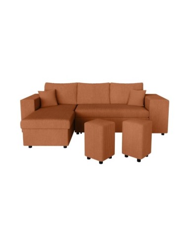 Canapé convertible 2 poufs droit et étagère velours côtelé terracotta