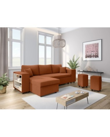 Canapé convertible 2 poufs droit et étagère velours côtelé terracotta