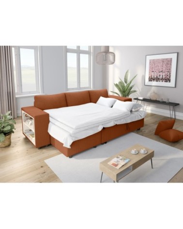 Canapé convertible 2 poufs droit et étagère velours côtelé terracotta