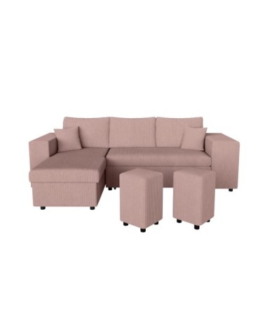 Canapé convertible 2 poufs droit et étagère en velours côtelé - rose