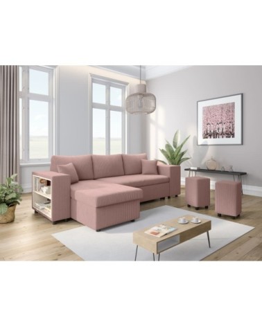 Canapé convertible 2 poufs droit et étagère en velours côtelé - rose