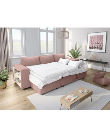 Canapé convertible 2 poufs droit et étagère en velours côtelé - rose