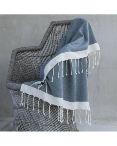 Plaid coton bleu pétrole / écru 130x170