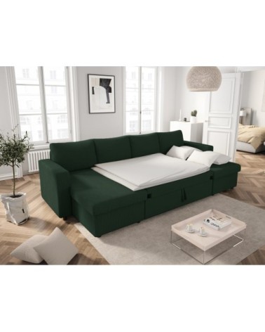 Canapé panoramique convertible 2 coffres en velours côtelé - vert