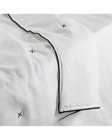 Couvre-lit matelassé 250x280 cm Blanc pur et bourdon noir en Lin