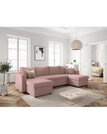 Canapé panoramique convertible 2 coffres en velours côtelé - rose