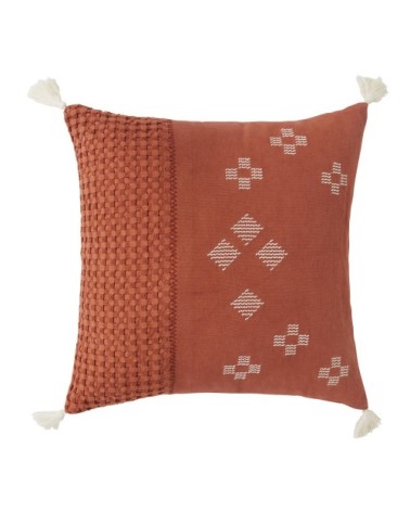 Coussin en coton tissé terracotta avec broderies et pompons écrus 45x45