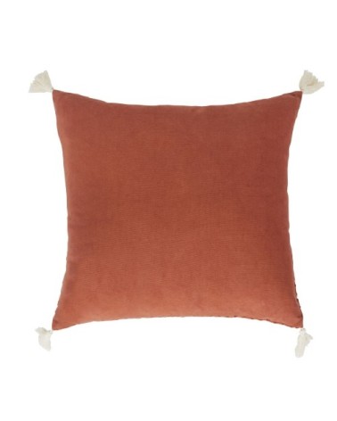 Coussin en coton tissé terracotta avec broderies et pompons écrus 45x45