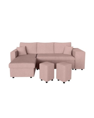 Canapé convertible avec 2 poufs droit en velours côtelé - rose