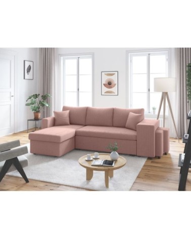 Canapé convertible avec 2 poufs droit en velours côtelé - rose