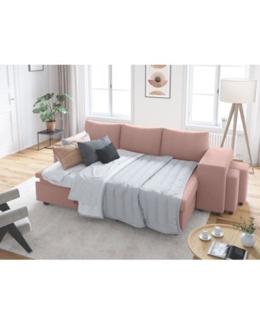 Canapé convertible avec 2 poufs droit en velours côtelé - rose
