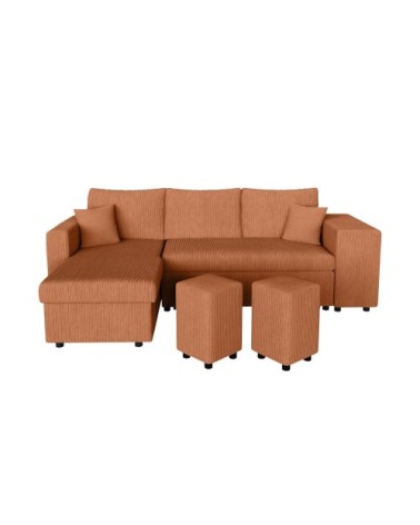 Canapé convertible avec 2 poufs droit en velours côtelé - terracotta