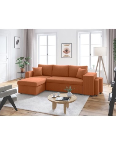 Canapé convertible avec 2 poufs droit en velours côtelé - terracotta