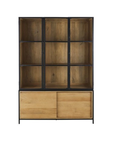 Vaisselier 2 portes en bois de manguier massif, verre trempé et métal noir mat