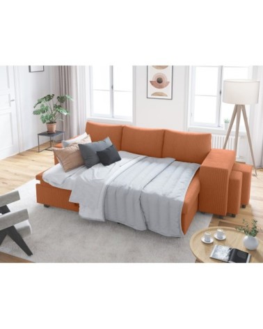 Canapé convertible avec 2 poufs droit en velours côtelé - terracotta
