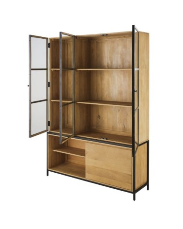 Vaisselier 2 portes en bois de manguier massif, verre trempé et métal noir mat