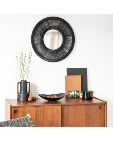 Miroir rond en rotin tressé noir D55