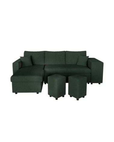 Canapé convertible avec 2 poufs droit en velours côtelé - vert foncé
