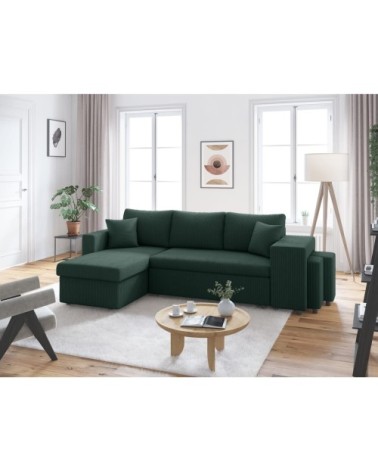 Canapé convertible avec 2 poufs droit en velours côtelé - vert foncé