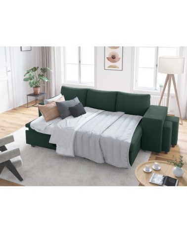 Canapé convertible avec 2 poufs droit en velours côtelé - vert foncé