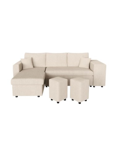 Canapé convertible avec 2 poufs droit en velours côtelé - beige