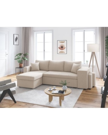 Canapé convertible avec 2 poufs droit en velours côtelé - beige