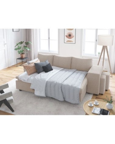 Canapé convertible avec 2 poufs droit en velours côtelé - beige