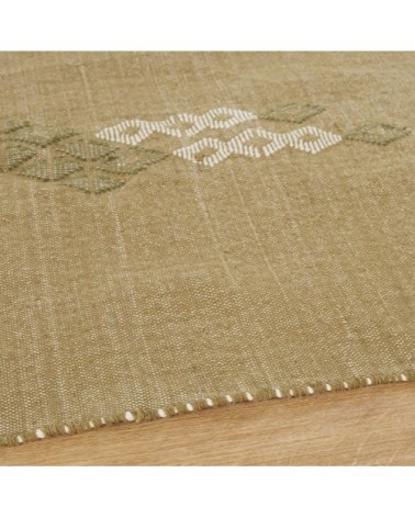 Tapis en coton recyclé tissé main vert olive et broderies écrues 140x200