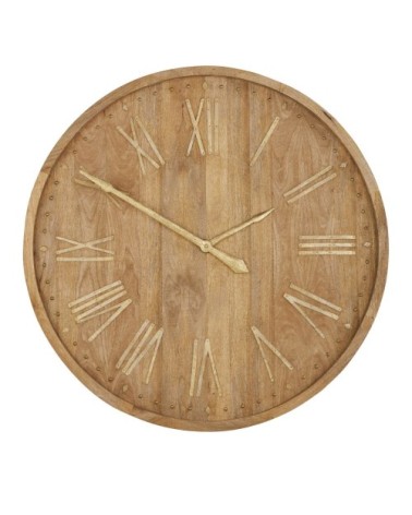 Déco horloge factice en bois de manguier marron et métal doré D130