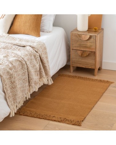 Tapis en polyester recyclé et coton à franges ocre 60x90