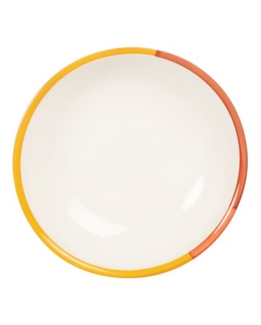 Assiette creuse en grès jaune, rouge, et beige