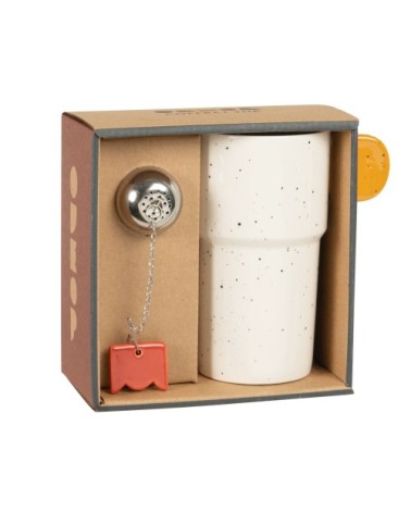 Coffret tisanière en grès beige motifs anse orange et boule à thé