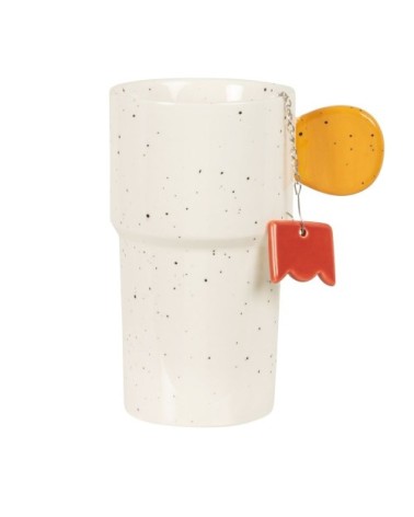 Coffret tisanière en grès beige motifs anse orange et boule à thé