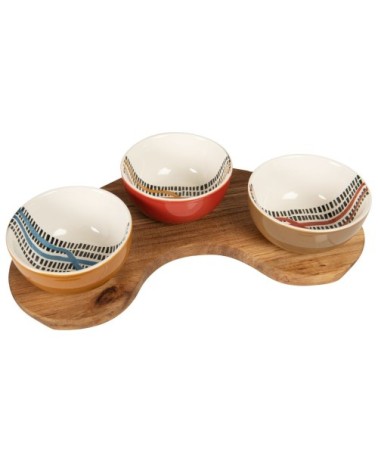 Coupelles apéritives en grès multicolore à motifs (x3) plateau en bois d'acacia