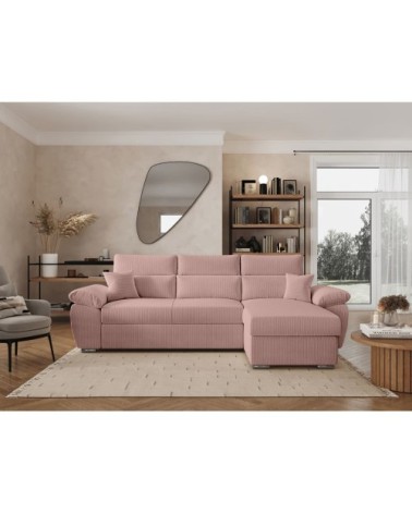 Canapé d'angle reversible convertible en velours côtelé - rose