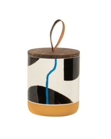 Pot en grès motifs multicolores couvercle en bois d'acacia D10