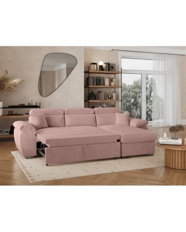 Canapé d'angle reversible convertible en velours côtelé - rose
