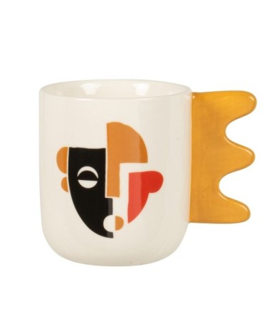 Tasse en grès blanc motif visage multicolore