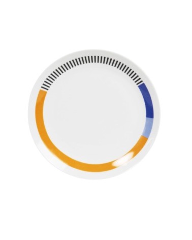 Assiette à dessert en grès blanc motifs bleus, orange et noirs