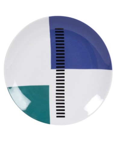 Assiette plate en grès blanc motifs graphiques bleus et verts