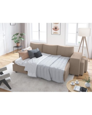 Canapé convertible avec 2 poufs droit en velours côtelé - taupe
