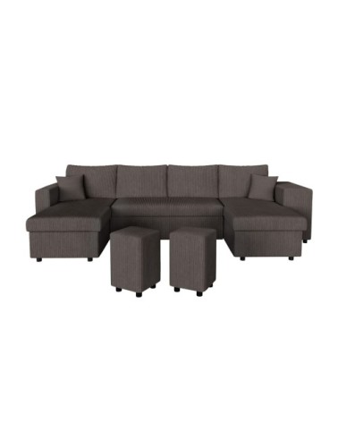 Canapé panoramique avec 2 poufs droit en velours côtelé - gris