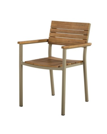 Fauteuil à dîner de jardin en acacia massif coloris imitation teck et aluminium vert kaki